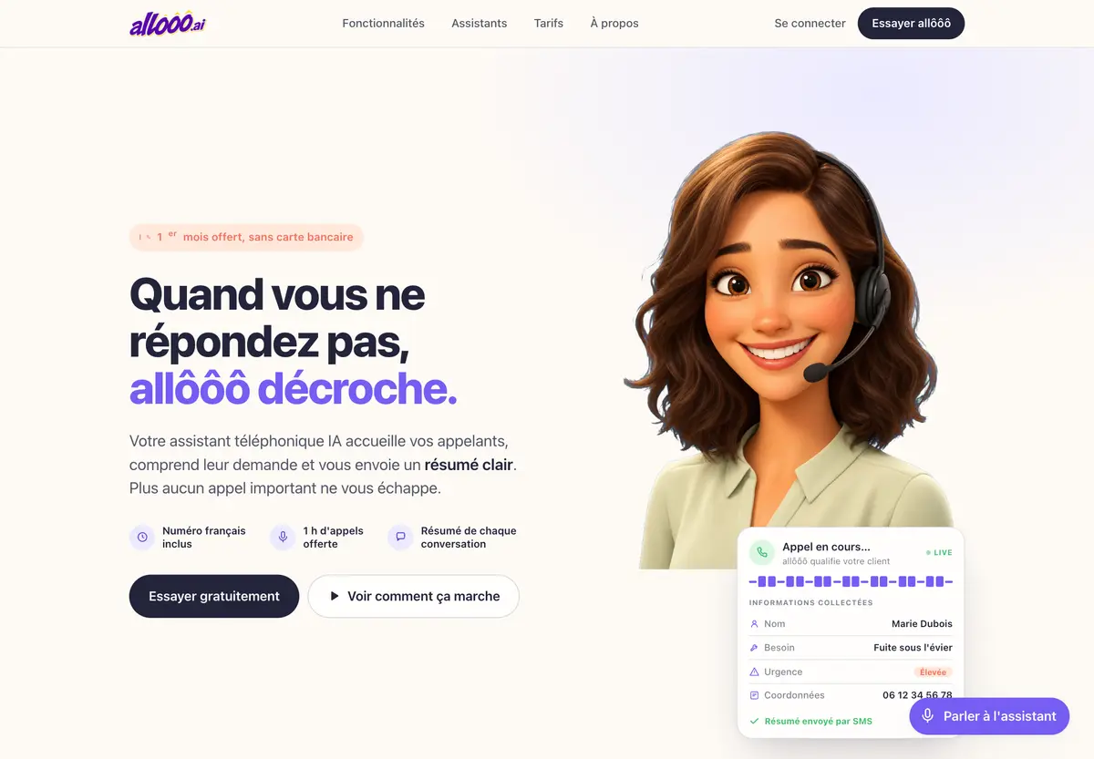 Page d'accueil d'allooo.ai, assistant téléphonique IA